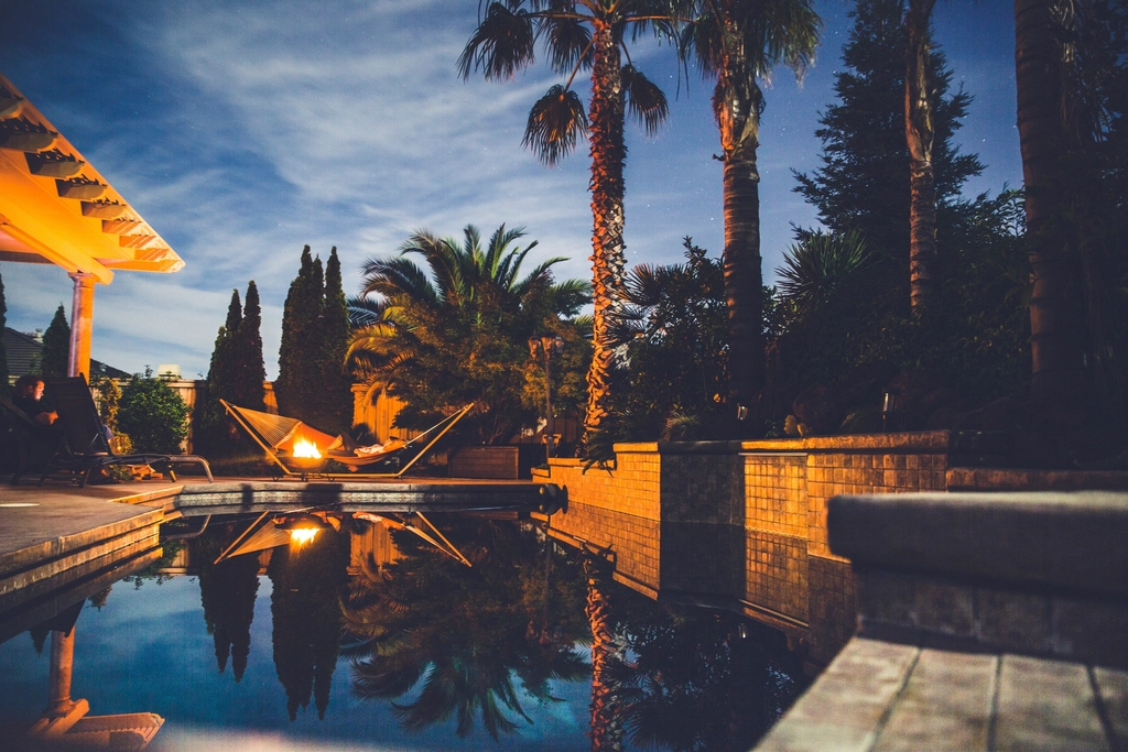 Pool area at dusk with palm trees